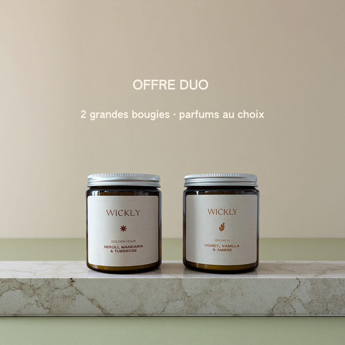 Offre Duo – Deux grandes bougies Wickly (parfums au choix)