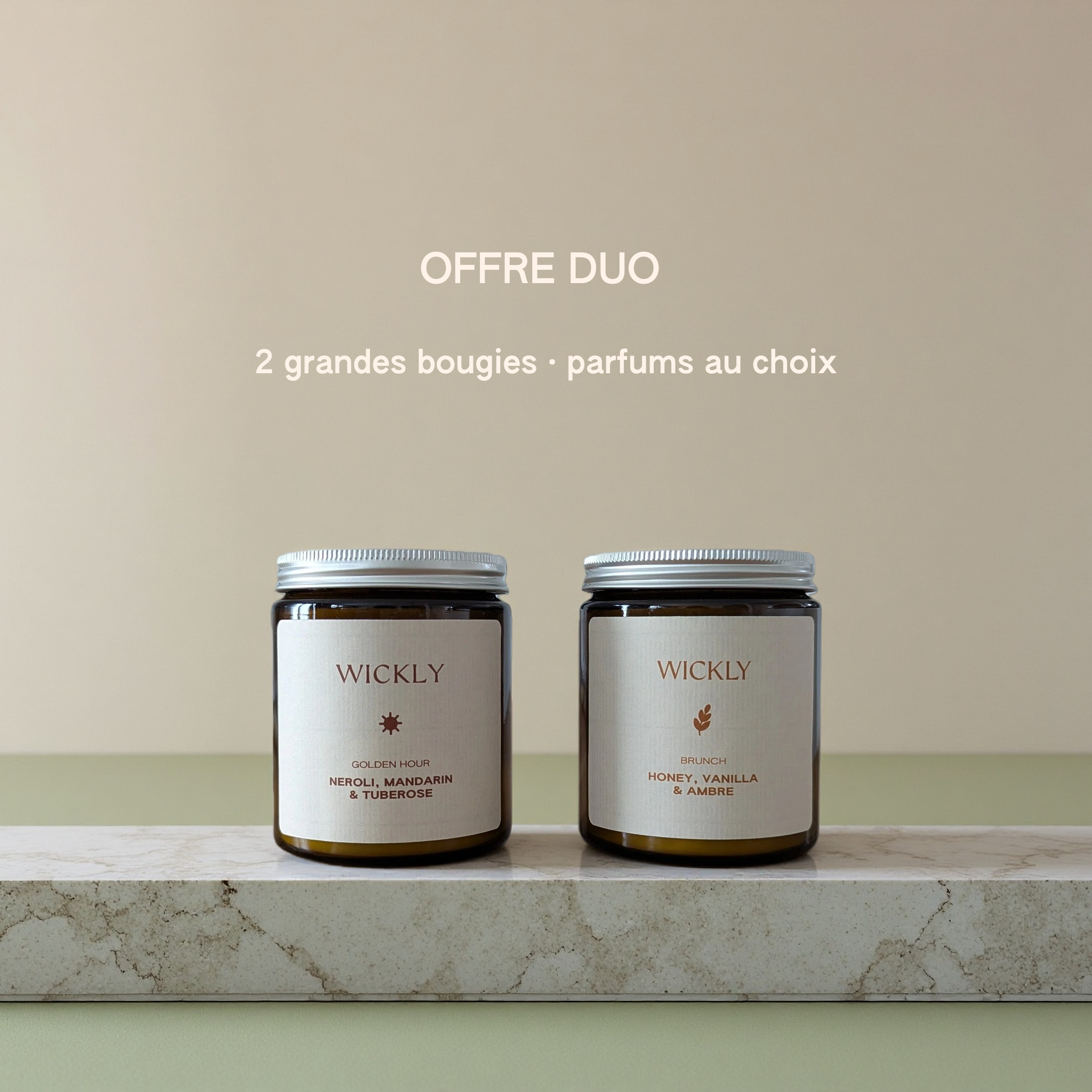 Offre Duo – Deux grandes bougies Wickly (parfums au choix)